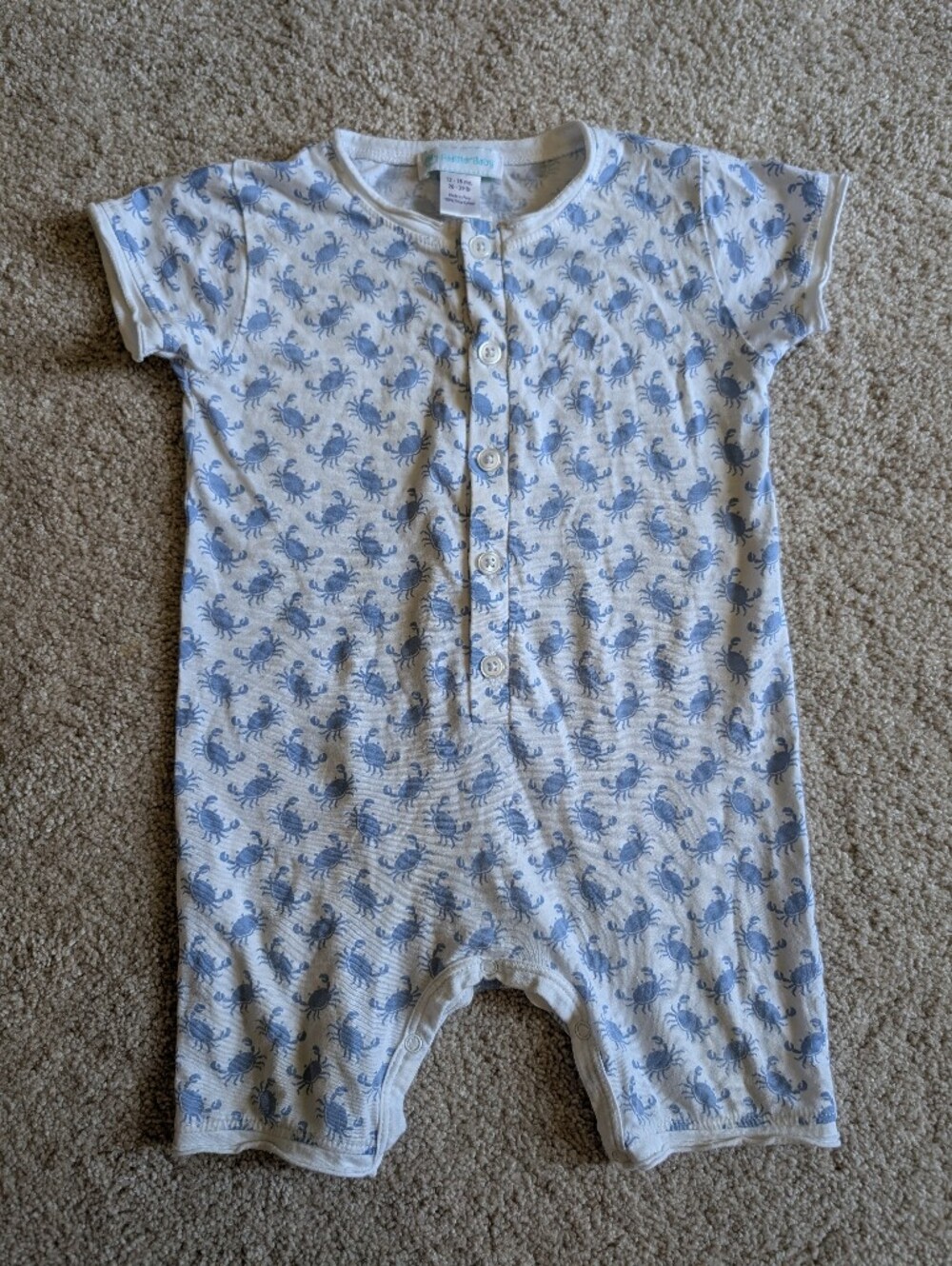 Feather Baby 12-18 Months Nautical Crab Button Romper | Boy Girl Pima Cotton